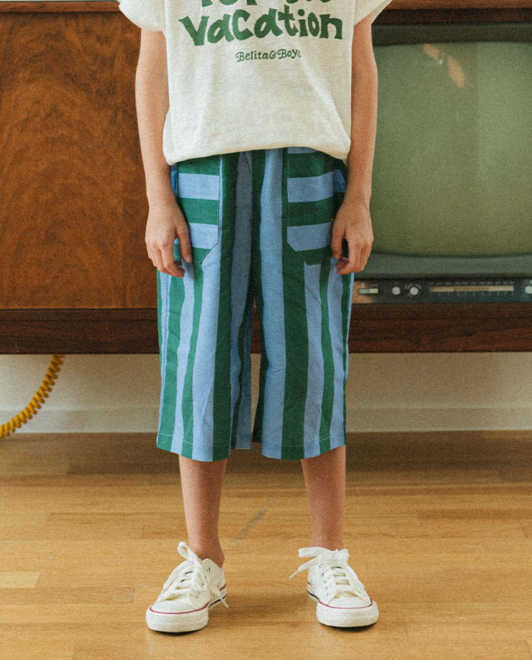 Green Stripe BB Heart Linen Crop Pants